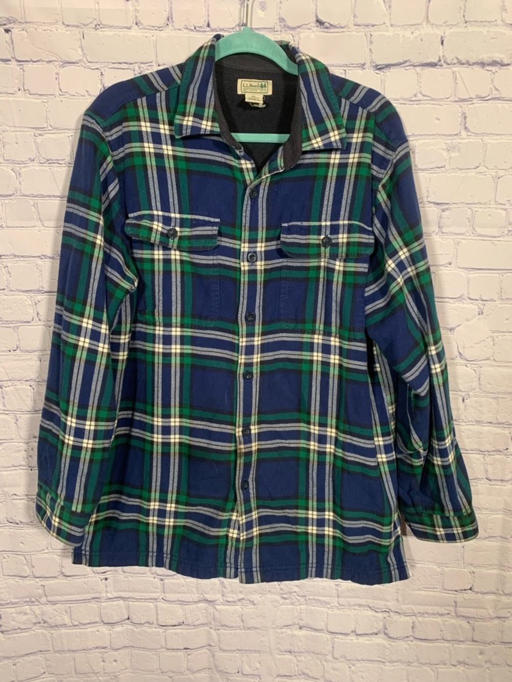 L.L.Bean Mens Fleece Lined Flannel Button Down Blue Green Sz M Outdoor Casual